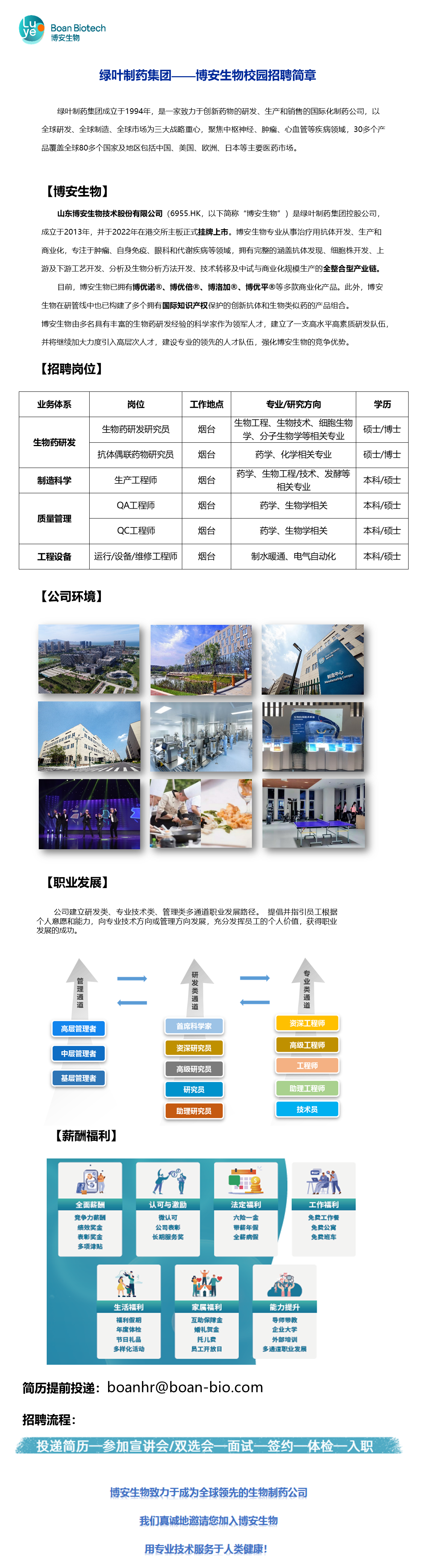 <p>U</p> <p>ye</p> <p>Boan Biotech</p> <p>博安生物</p> <p>绿叶制药集团</p> <p>博安生物校园招聘简章</p> <p>绿叶制药集团成立于1994年，是一家致力于创新药物的研发、生产和销售的国际化制药公司，以</p> <p>全球研发、全球制造、全球市场为三大战略重心，聚焦中枢神经、肿瘤、心血管等疾病领域，30多个产</p> <p>品覆盖全球80多个国家及地区包括中国、美国、欧洲、日本等主要医药市场。</p> <p>【博安生物】</p> <p>山东博安生物技术股份有限公司（6955.HK，以下简称“博安生物”）是绿叶制药集团控股公司，</p> <p>成立于2013年，并于2022年在港交所主板正式挂牌上市。博安生物专业从事治疗用抗体开发、生产和</p> <p>商业化，专注于肿瘤、自身免疫、眼科和代谢疾病等领域，拥有完整的涵盖抗体发现、细胞株开发、上</p> <p>游及下游工艺开发、分析及生物分析方法开发、技术转移及中试与商业化规模生产的全整合型产业链</p> <p>目前，博安生物已拥有博优诺®、博优倍®、博洛加®、博优平®等多款商业化产品。此外，博安</p> <p>生物在研管线中也已构建了多个拥有国际知识产权保护的创新抗体和生物类似药的产品组合。</p> <p>博安生物由多名具有丰富的生物药研发经验的科学家作为领军人才，建立了一支高水平高素质研发队伍，</p> <p>并将继续加大力度引入高层次人才，建设专业的领先的人才队伍，强化博安生物的竞争优势。</p> <p>(招聘岗位</p> <p>业务体系</p> <p>岗位</p> <p>工作地点</p> <p>专业/研究方向</p> <p>学历</p> <p>生物工程、生物技术、细胞生物</p> <p>生物药研发研究员</p> <p>烟台</p> <p>硕士/博士</p> <p>学、分子生物学等相关专业</p> <p>生物药研发</p> <p>抗体偶联药物研究员</p> <p>烟台</p> <p>药学、化学相关专业</p> <p>硕士/博士</p> <p>药学、生物工程/技术、发酵等</p> <p>制造科学</p> <p>生产工程师</p> <p>烟台</p> <p>本科/硕士</p> <p>相关专业</p> <p>QA工程师</p> <p>烟台</p> <p>药学、生物学相关</p> <p>本科/硕士</p> <p>质量管理</p> <p>QC工程师</p> <p>烟台</p> <p>药学、生物学相关</p> <p>本科/硕士</p> <p>工程设备</p> <p>运行/设备/维修工程师</p> <p>烟台</p> <p>制水暖通、电气自动化</p> <p>本科/硕士</p> <p>【公司环境</p> <p>J</p> <p>EA</p> <p>制造中心</p> <p>daciring Center</p> <p>【职业发展</p> <p>公司建立研发类、专业技术类、管理类多通道职业发展路径。提倡并指引员工根据</p> <p>个人意愿和能力，向专业技术方向或管理方向发展，充分发挥员工的个人价值，获得职业</p> <p>发展的成功。</p> <p>囱撼彩風撂</p> <p>咖引彩烟搏</p> <p>铷熙酒搏</p> <p>首席科学家</p> <p>资深工程师</p> <p>高层管理者</p> <p>资深研究员</p> <p>高级工程师</p> <p>中层管理者</p> <p>工程师</p> <p>高级研究员</p> <p>基层管理者</p> <p>研究员</p> <p>助理工程师</p> <p>助理研究员</p> <p>技术员</p> <p>【薪酬福利)</p> <p>全面薪酬</p> <p>认可与激励</p> <p>法定福利</p> <p>工作福利</p> <p>竞争力薪酬</p> <p>微认可</p> <p>六险一金</p> <p>免费工作餐</p> <p>绩效奖金</p> <p>公司表彰</p> <p>带薪年假</p> <p>免费公寓</p> <p>表彰奖金</p> <p>长期服务奖</p> <p>全薪病假</p> <p>免费班车</p> <p>多项津贴</p> <p>生活福利</p> <p>家属福利</p> <p>能力提升</p> <p>福利假期</p> <p>互助保障金</p> <p>导师带教</p> <p>年度体检</p> <p>婚礼贺金</p> <p>企业大学</p> <p>节日礼品</p> <p>托儿费</p> <p>外部培训</p> <p>多样化活动</p> <p>员工开放日</p> <p>多通道职业发展</p> <p>简历提前投递：****</p> <p>招聘流程：</p> <p>投递简历 参加宣讲会/双选会面试签约—体检入职</p> <p>博安生物致力于成为全球领先的生物制药公司</p> <p>我们真诚地邀请您加入博安生物</p> <p>用专业技术服务于人类健康!</p>