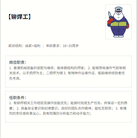 <p>【铆焊工】</p> <p>薪资结构：底薪+福利年龄要求:18~35周岁</p> <p>岗位职责:</p> <p>1.普通机械装备的装配与维修，船体钢结构的焊接；2。能够熟练操作气制等相</p> <p>关技术，以手把焊为主，二把焊为辅3.有特种作业操作证、船舶维修经验者优</p> <p>先考虑。</p> <p>任职条件：</p> <p>1.有铆焊相关工作经验及操作技能优先；能按时完成生产任务，并保证一定的质</p> <p>量；2.具备安全意识和纪律意识，良好的团队合作精神，能吃苦耐劳；3.有强</p> <p>烈的责任感和事业心，具有较强的分析能力和动手能力；</p>